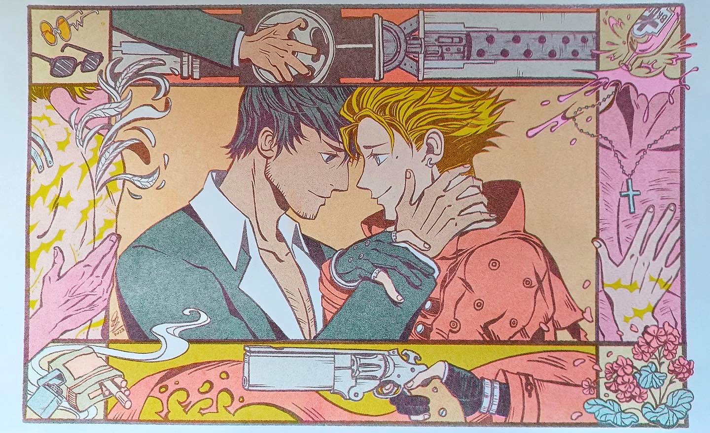 Close up of the final risograph print design with three colors: yellow, flourescent pink, and green.