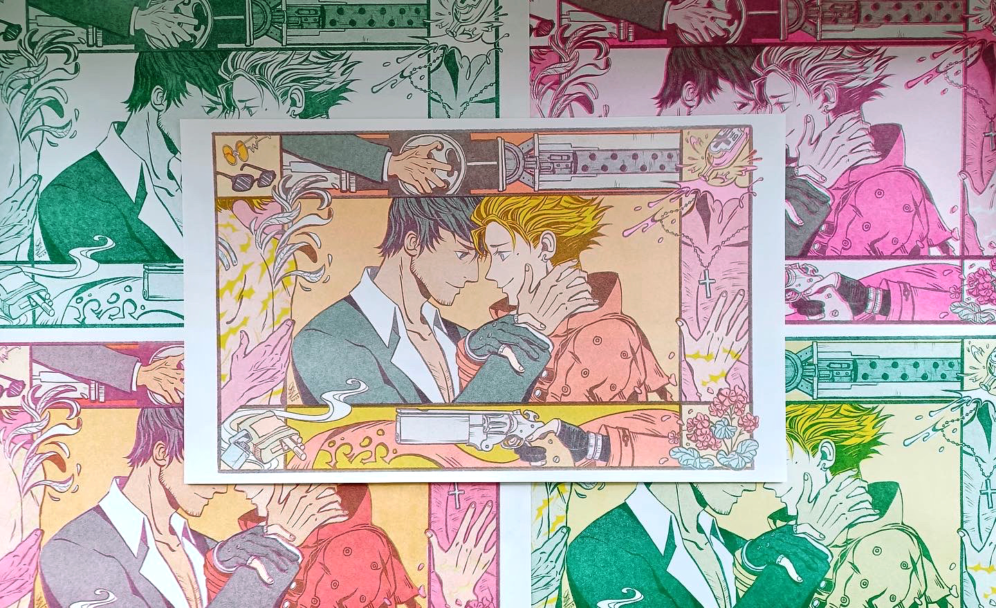 Several sheets of risograph prints depicting romantic moments between with Vash the Stampede and Nicholas D Wolfwood with references to scenes from Trigun Maximum the manga. 