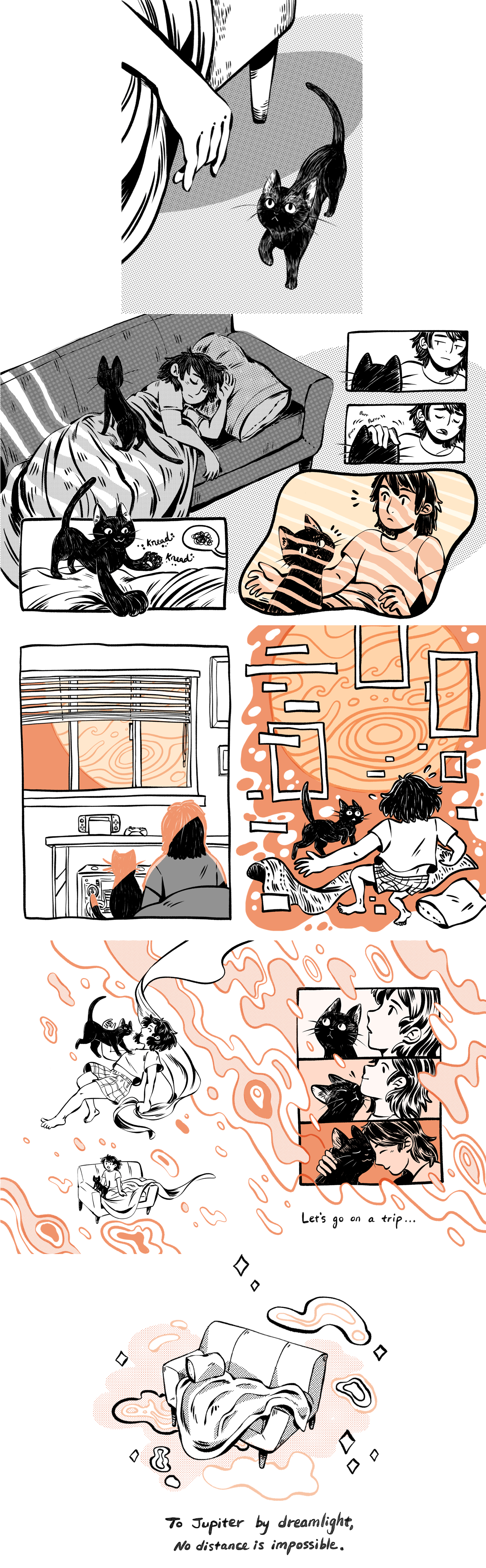 8 page black and white with orange spot color comic about a black cat and a dreamer traveling to jupiter